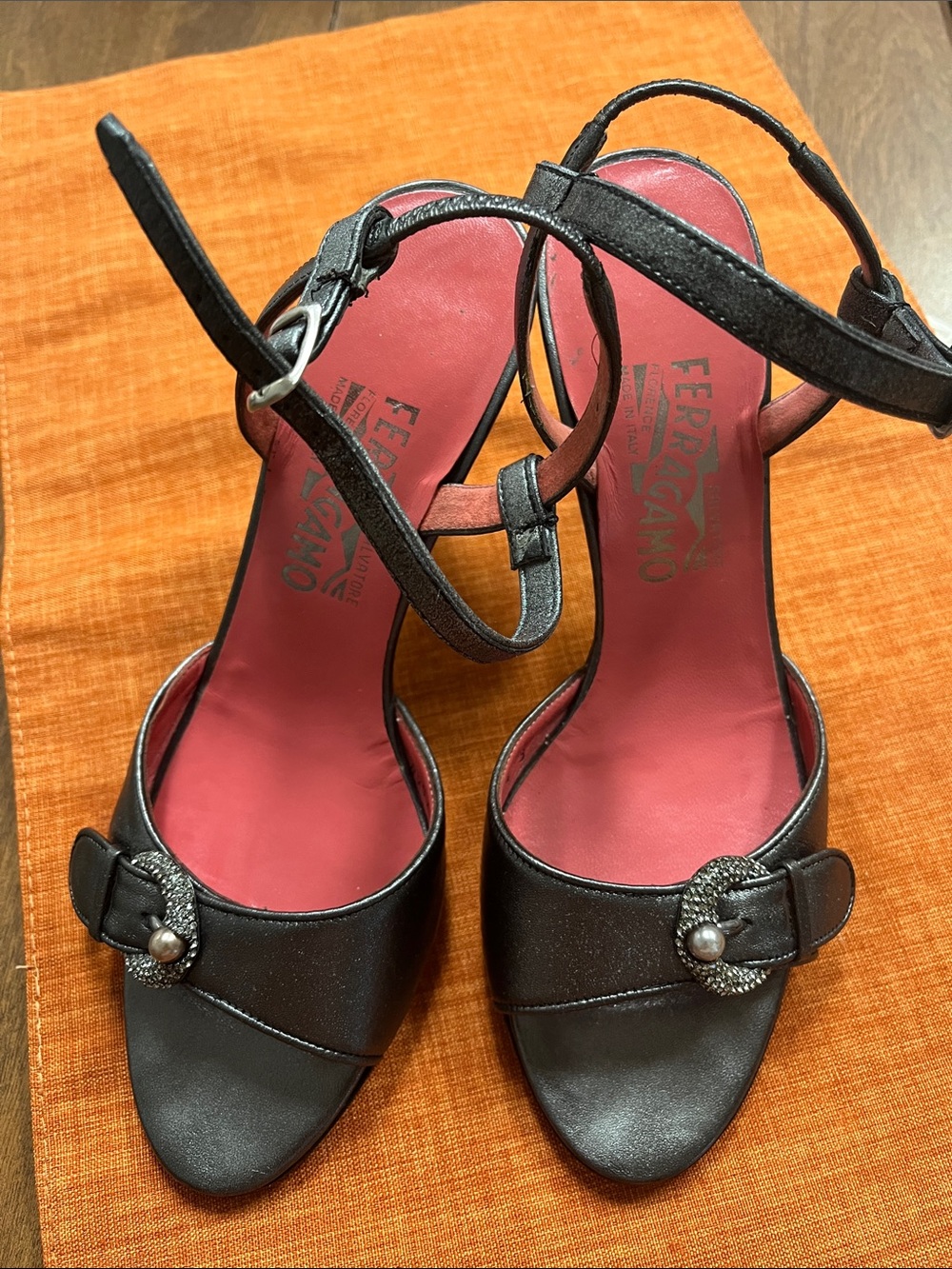 Salvatore Ferragamo Gray Leather Open-Toe Ankle-Strap Sandals with Pink Insole